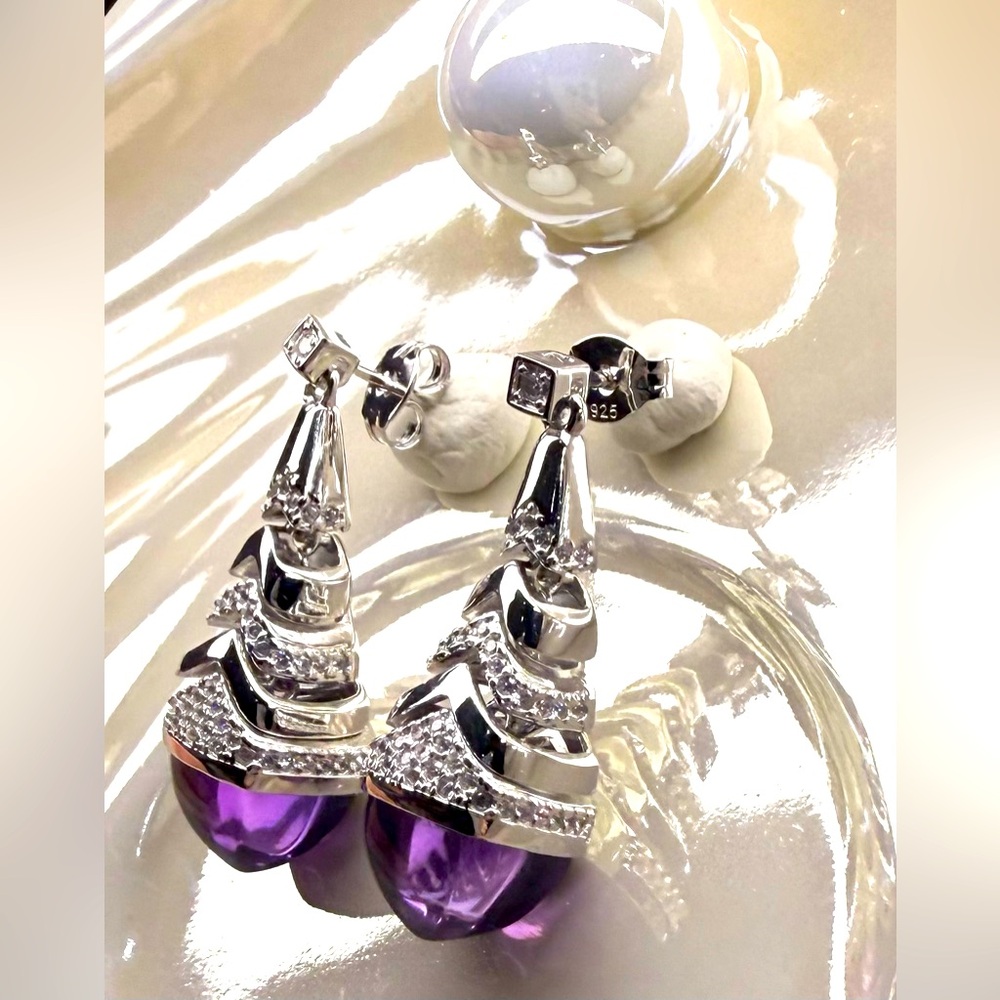 EA7 8.6CT Natural Russian Amethyst SMOOTH LUX CONES Earrings Rhodium plated S925